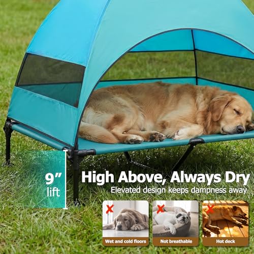 Elevated Dog Bed with UV-Proof Canopy, Outdoor Dog Tent with Powerful Adjustable Feet, Portable Pet Cot with Wider Shade, Raised Cooling Bed for Camping, Patio, Beach, Poolside - color: Aqua, size: X-large: 50.0"l X 32.0"w X 42.5"th