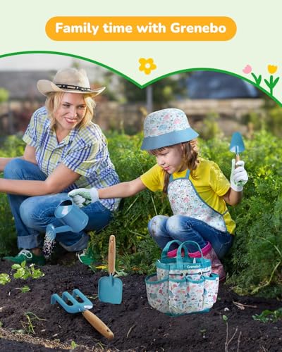 Grenebo Kids Gardening Set Toys, Quality Garden Tool Kit for Kids and Toddlers, Includes Two Shovels, Garden hat,Rake, Apron,Gloves, Watering Can, and Tool Bag (Blue) - color: B-blue