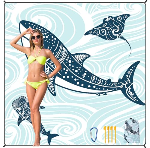 HIHOHO Beach Blanket Waterproof Sandproof Beach Mat 79”x 83” for 1-8 Adults Quick Drying Durable Outdoor Picnic Mat for Beach Festival Travel Camping Hiking (Shark, 79"×83"(4 Person)) - color: Bl-shark, size: 6'11" x 6'7"