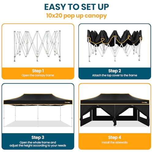 Hoteel 10x20 Pop Up Canopy Tent Heavy Duty with 6 Sidewalls, Waterproof Party Tent, Easy Set-up Commercial Instant Tents with Roller Bag & Sandbags, Hexagonal Leg (1-Year Warranty) - color: Black, size: 10×20 （6 Walls）