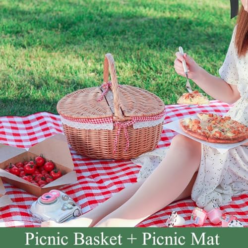 13.78" Wicker Picnic Basket with Picnic Cloth Vintage Picnic Basket with Removable Liner, Folding Handle and Lid Picnic Basket Set for Picnic, Camping, Outdoor, Valentine Day, Thanks Giving, Birthday