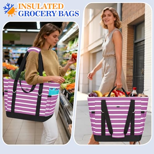 HUANLANG Soft Cooler Bag Insulated for Travel,Large Insulated Grocery Bags with Zippered Top,PEVA Collapsible Food Delivery Cooler Bag for Beach, Travel, Picnics - color: Purple and white stripes