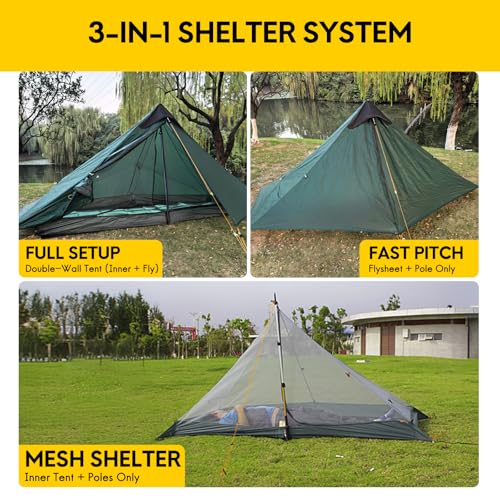 LANSHAN Ultralight Tent 3-Season Backpacking Tent for 1-Person or 2-Person Camping, Trekking, Kayaking, Climbing, Hiking - color: 1-person, dark green