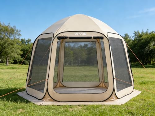 VEVOR Pop up Screen House Tent, 10 x 9.2 ft, 4-8 Person Screen Gazebo, Portable Screened in Canopy with Carry Bag, Netting Sides, Ground Stakes, for Garden, Patio, Backyard, Outdoor Activities, Beige - color: Beige, size: 10x9.2x7.55 FT
