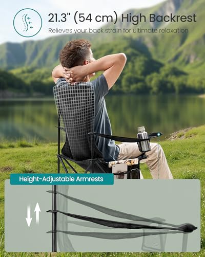 SONGMICS Breathable Camping Chairs, Foldable Outdoor Chairs Set of 2, High Back, Adjustable Armrests, Drink Holder, Weight Capacity 330 lb, for Sports Garden Backyard, Ink Black UGCB028B02 - color: Black, style: 2PC (20.3"D x 34"W x 38.2"H)