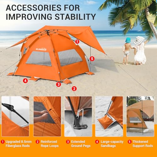 Elegear CumbreX™ Beach Tent with 360° Removable Canopy, 4-6 Person Pop Up Sun Shade Shelter, UPF 50+ Automated Installation Double Silver Coating Portable Lightweight Beach Cabana for Outdoor Orange - color: Orange