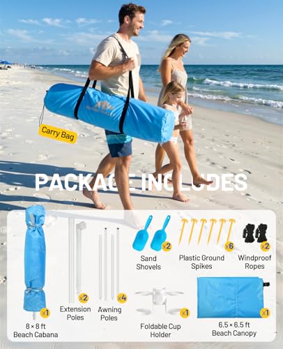 Rhino Valley Beach Cabana, 120 Sq. Ft Beach Canopy UPF50+ Protection, Easy Setup & Adjustable Height Beach Tent Sun Shelter with Cup Holder, Portable for 4-8 People, Blue - color: Blue