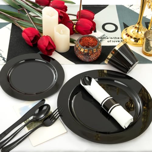 EI 350pcs Black Plastic Plates Disposable Heavy Duty Plastic Dinnerware Set Pre Silverware and Napkins Set Black and Gold Cups for Party Suit for Party,Wedding,Afternoon Tea,Spring,Valentine's Day - color: Black Plastic Plates Dinnerware