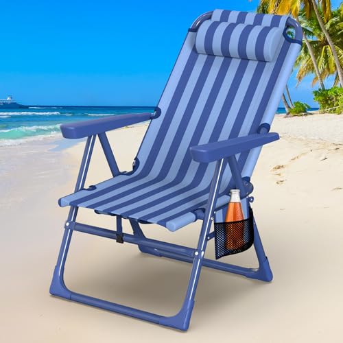 Suteck Backpack Beach Chair for Adults - 6-Position Folding Reclining Chair with Cooler Bag & Cup Holder, Lightweight Portable Beach Chair for Camping, Outdoor, Sand, Travel Use - color: Dark Blue Stripes