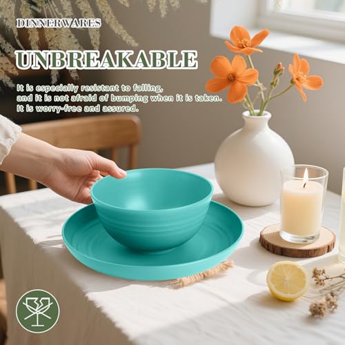 Wrova Wheat Straw Dinnerware Sets of 20,Dishwasher Safe Kitchen Plates and Bowls Sets,Camping Dishes Sets Contains Dinner Plates,Cereal Bowls,Drinking Cups and Flatware.(Green) - color: Green, size: 20 Pack