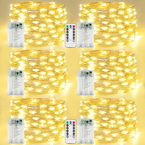 6 Pack Fairy Lights Battery Operated with Remote Control Timer, 26 FT 80 LED String Lights Outdoor Indoor, 8 Mode Twinkle Lights for Christmas Party Wedding Birthday Bedroom Decorations (Warm White) - color: Warm White, size: 6 Pack