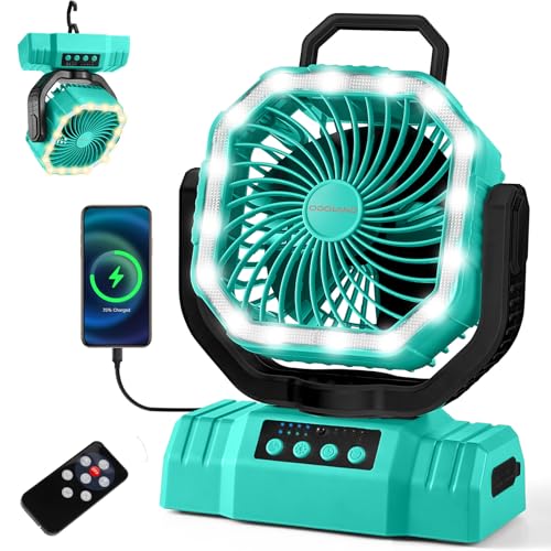 Odoland Portable Camping Fan with LED Lantern, 20000mAh Rechargeable Battery Powered Fan with Auto Oscillation, Timer, Remote, 360° Rotation Hook, 4 Speeds for Power Outage Travel Home, Cayan - color: Cayan