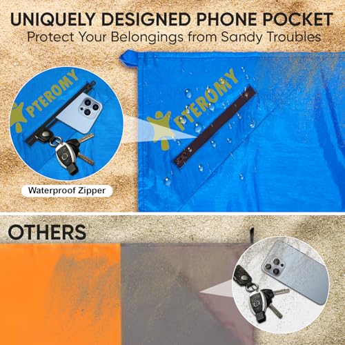 PTEROMY Beach Blanket Waterproof Sandproof, 84" X 84"Extra Large Beach Mat with Storage Bag, Quick Drying Lightweight, 6 Stakes, Accessories for Picnic, Travel (7x7 FT, Yellow)