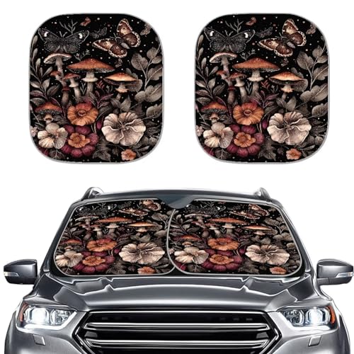 Mushroom Floral 2 Pcs Auto Windshield Sunshade UV Reflecting Foldable Front Windshield Sun Shade Automotive Interior Sun Protection Protect Your Car Block The Sunlight - color: Mushroom Floral