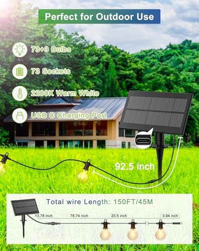 Zuske Solar String Lights Outdoor Waterproof 150FT with USB Port and 73 Shatterproof G40 Bulbs(3 Spare), LED Solar Powered Patio Lights for Outside, Porch, Backyard, Gazebo, Garden(Warm White) - size: Solar-150FT