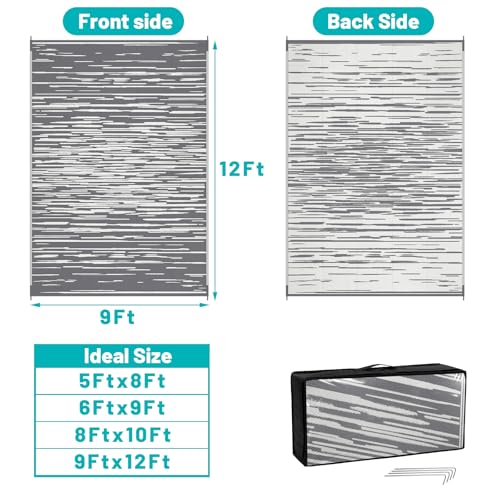 HEBE Outdoor Rug 9'x12' for Patios Clearance, Waterproof Reversible Plastic Straw Rug Camping Mat, Indoor Outdoor Area Rugs Carpet for Deck, Porch, RV, Picnic, Balcony - color: Stripe/Grey, size: 9' x 12' (Rectangular)