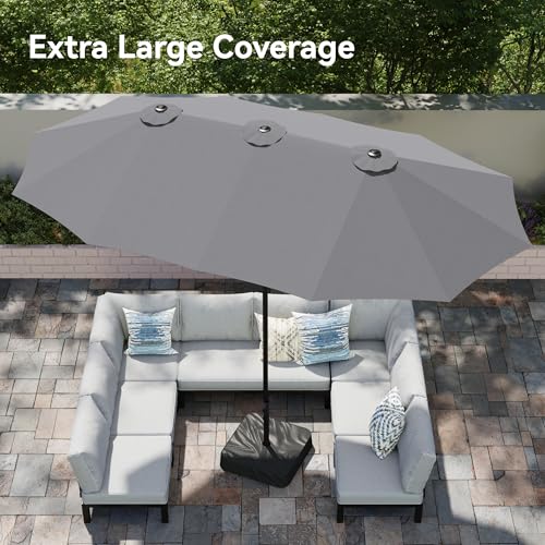 PHI VILLA 15ft Large Patio Umbrellas with Base, Outdoor Double-Sided Rectangle Market Umbrella for Pool Lawn Garden, Light Gray - color: Light Gray
