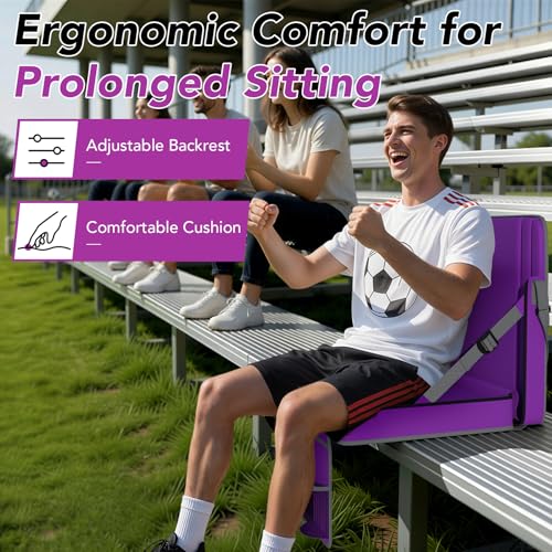 Stadium Seats with Back Support 1PACK Adjustable Bleacher Chairs with Back and Cushion Bleacher Seat with Cup Holder, Carry Handle & Shoulder Strap for Outdoor Sports Events, Picnics - color: Purple-1pc-xl-large