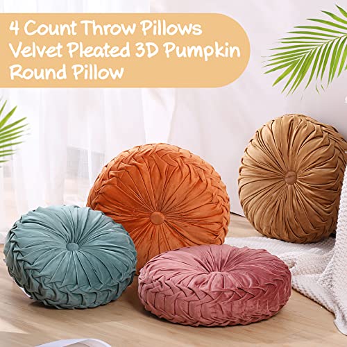 Kathfly Set of 4 Decorative Round Pleated Throw Pillows, Classy Velvet Pumpkin Round Throw Pillows, Decorative Floor Pillow for Bed Chair Home Sofa Decor, 14" Diameter(Colorful) - color: Colorful
