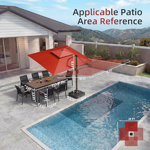 10 X 13 FT Cantilever Patio Umbrella with Base Included & Led Lights Outdoor Rectangle Offset Large Double Top Heavy Duty Umbrellas 360°Rotation for Pool Deck Backyard,Wine Red - color: Wine Red, size: 10×13 FT with Base