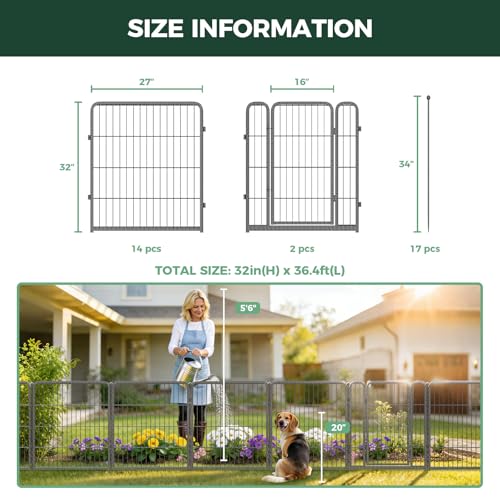 FXW Garden Fence Outdoor for the Yard – 32in(H) x 36.4ft(L) Heavy Duty Metal Animal Barrier for Dog, No Dig Decorative Dog Fence, 16 Panels, Silver - color: Silver, size: 32"H