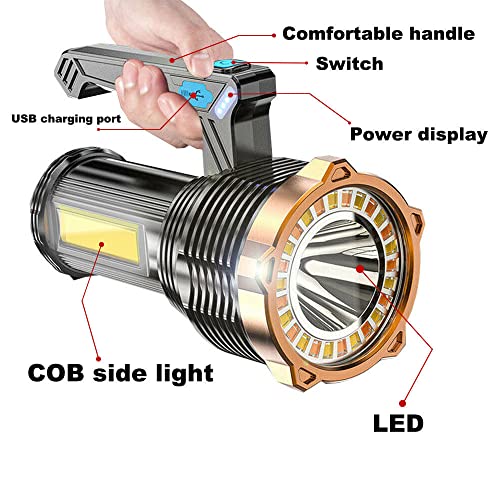 Wrrozz LED Flashlight USB Rechargeable, Super Brightest Flashlight with Sidelight and Hooks, 8 Modes Lighting, Rechargeable Spotlight, Tactical Torch Camping Portable Handheld Flash Light - size: C