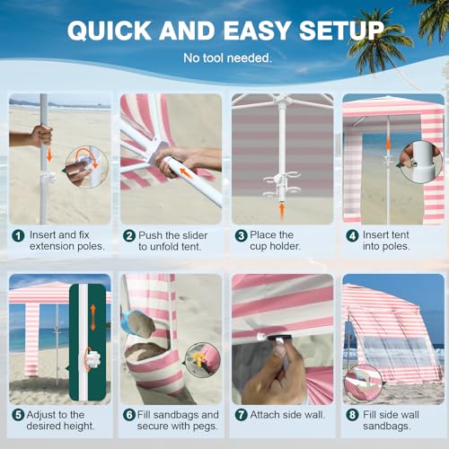 Rhino Valley Beach Cabana, 8 * 8FT Beach Tent UPF50+ Protection, Easy Setup Beach Canopy Wind Resistant with Cup Holder, Compact Beach Shade Foldable Beach Tent Sun Shelter, Pink & White Stripes - color: Pink & White Stripes