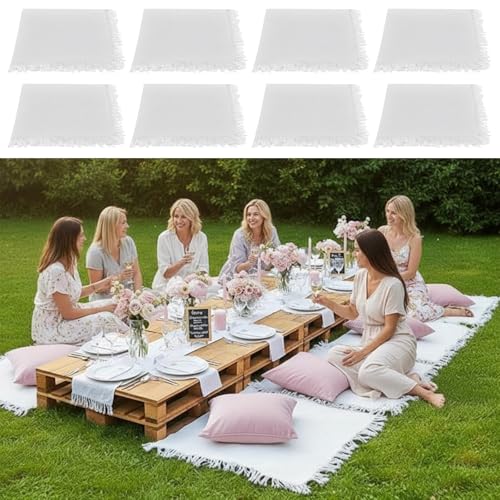Hahafelt 8 Pcs Outdoor Picnic Blanket 35"x35" Boho Blanket Woven Cotton Yarn Portable Mat Plaid with Fringe Washable for Picnic Party Camping Beach Travel Lawn Indoor Bohemia Decor (White)