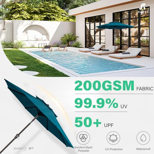 JEAREY 9' 2-Tiers Patio Umbrellas Outdoor Table Market Umbrella w/Push Button Tilt/Crank, 8 Sturdy Ribs, UV Protection Waterproof Sunproof(Cerulean) - color: Cerulean