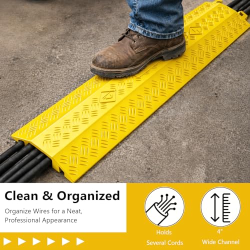 BESEA Heavy Duty Cord Cover 2 Pack 40 Inch Cable Protector Ramp 15000 lbs, Outdoor Floor Wire Cover with 4" Wide Channel, Modular Interlocking Anti Trip Cable Ramp for Driveway Sidewalk Garage(Yellow) - color: Yellow, size: Middle