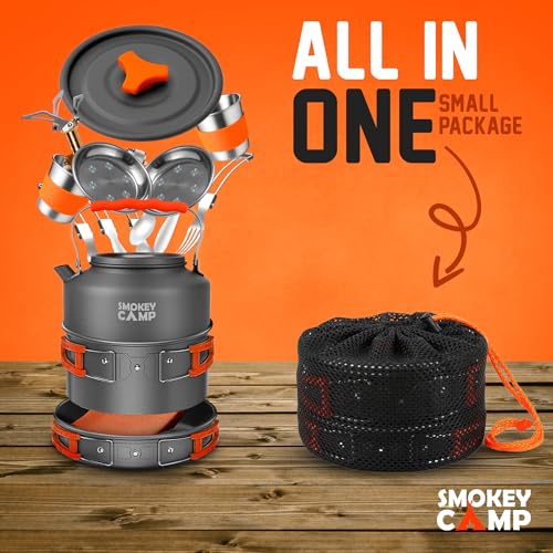Smokey Camp Camping Cookware Mess Kit Set with Stove - Backpacking Camping Pots and Pans Set, All in One Non-Stick Camping Cooking Set, Portable Stove, Hiking, Picnic, Outdoor & Camping Cookware Set - style: 2.0 Liter Pot