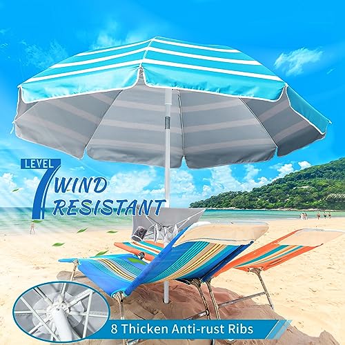 Beach Umbrella - Beach Umbrella for Sand Wind Portable with Tilt Pole, 6.56 FT Arc Length 5.9 FT Diameter, Heavy Duty Wind Resistant Striped Large Umbrellas, UV 50+ Parasol with Anchor Screw Adjustable Height