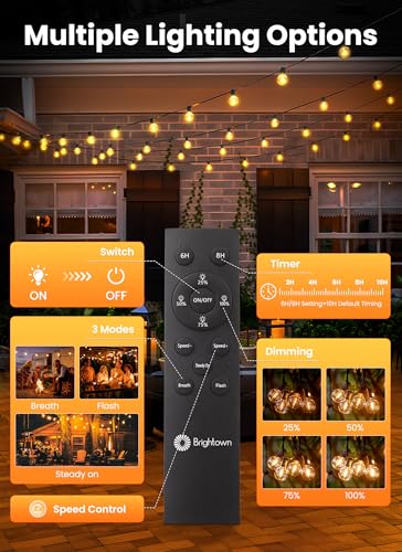 Brightown 158FT Solar String Lights Outdoor with Remote and 77 LED Shatterproof Bulbs, Dimmable & Timable, 3 Light Modes, Solar Patio String Lights Outdoor for Cafe, Garden, Deck, Outside Wedding - size: 158FT