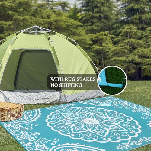 Pauwer Reversible Outdoor Rug, 6'x9', Waterproof Polypropylene Patio Mat, RV, Balcony, Deck, Beach, Picnic - color: Boho Teal, size: 6' x 9' (Rectangular)
