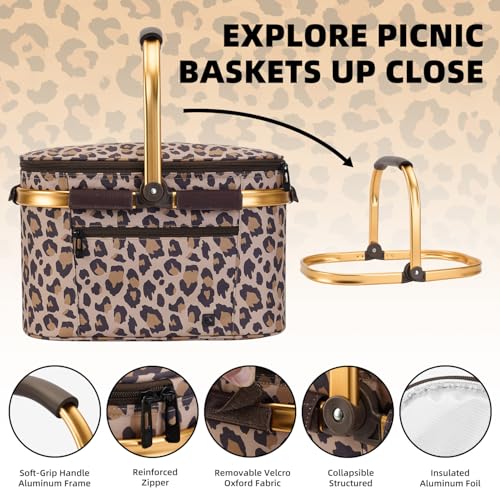 ALLCAMP Picnic Basket - Insulated Cooler, Thickening Foldable Picnic Basket with Removable Baskets & Sewn-in Frame, Basket for House Warming Gifts New Home(Leopard Print) - color: Leopard Print, size: Medium