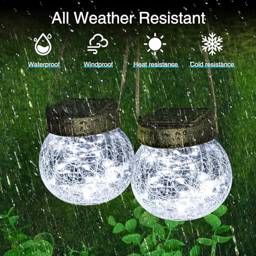 Kolpop Solar Lanterns Outdoor Waterproof 2 Pack, Hanging Solar Lights with 30 LED, Cracked Glass Hanging Globes for Garden Patio Fence Yard Christmas Tree Decoration, Cold White - color: Cold White, size: 2 Pack
