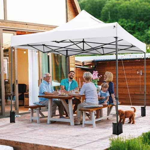 Tangkula 10x10 FT Pop Up Canopy, Instant Setup Outdoor Tent with Heavy-Duty Carbon Steel Frame, Wheeled Bag, 4 Sandbags, 8 Stake, 4 Ropes, Portable Canopy Tent for Parties Events Camping (White) - color: White