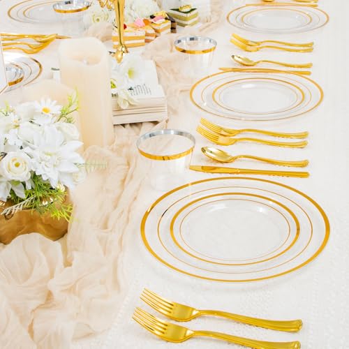 WELLIFE 300 PCS Clear Gold Dinnerware Set for 50 Guests, Clear and Gold Plastic Plates for Party, 50 Dinner Plates, 50 Salad Plates, 50 Cups Forks Knives Spoons for Wedding and Party Supplies - color: Clear Gold, size: 50 Guests