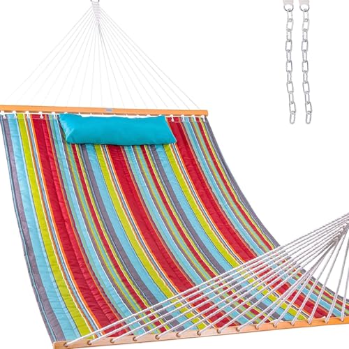 Lazy Daze Hammocks 12 FT Quilted Fabric Double Hammock with Spreader Bars and Detachable Pillow, 450lbs Weight Capacity - color: Blue&red Stripes