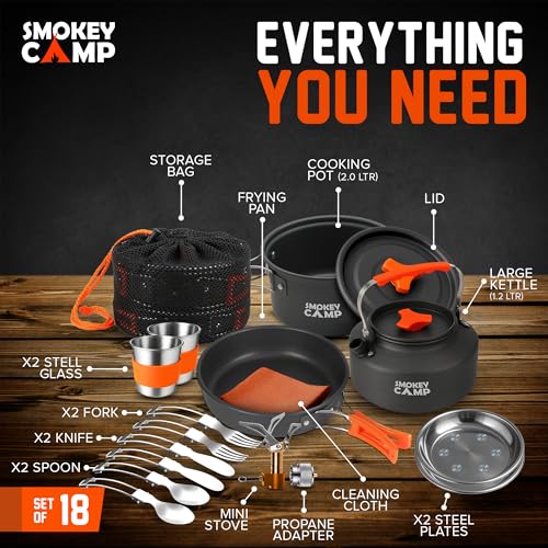 Smokey Camp Camping Cookware Mess Kit Set with Stove - Backpacking Camping Pots and Pans Set, All in One Non-Stick Camping Cooking Set, Portable Stove, Hiking, Picnic, Outdoor & Camping Cookware Set - style: 2.0 Liter Pot