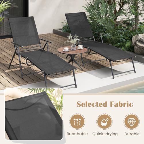 Giantex Lounge Chair Outdoor Set of 2 - Tanning Chair with 6 Adjustable Backrest, 2-Level Footrest, Folding Sunbathing Lounger for Patio, Poolside, Yard, Chaise Lounge Chair, Beach Chair (Black) - color: Black