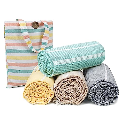 HILLFAIR Cotton Turkish Beach Towels, Quick Dry Lightweight Sand Free Peshtemal Towel for Bath Swim Yoga Pool Travel, Beach Accessories, Oversized Turkish Towel (39 x 72 inch- 4 Pack Multicolor) - color: Multicolor, size: 39 x 72 inch ( Beach towel - 4 PA