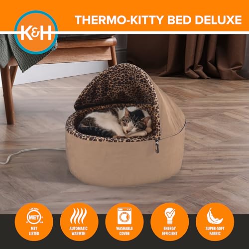 K&H Pet Products Thermo-Kitty Bed Deluxe Heated Cat Bed for Smaller Kitties - Indoor Heated Pet Bed for Dogs & Cats, Covered Cave Pet Tent, Machine Washable, Safety Listed - Small 16in Tan/Leopard - color: Tan, size: Small 16 Inches 4 Watts