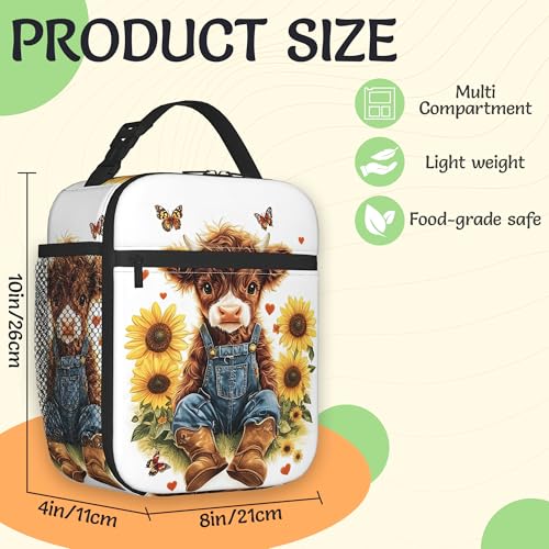Insulated Lunch Bag,Cute Highland Cow Durable Lightweight Lunch Box for Kids,Rustic Sunflower Portable Thermal Picnic Cool Bags Girls Boys School Daycare,Work,Camping - color: Cute Highland Cow