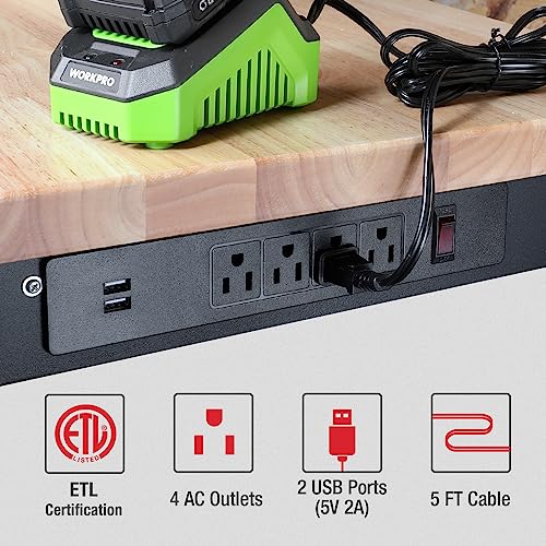 WORKPRO 72" Adjustable Workbench, 3000 LBS Load Capacity Hardwood Garage Workbench with Power Outlets, Rubberwood Top Heavy-Duty Workstation for Workshop, Garage, Home - size: 6FT workbench