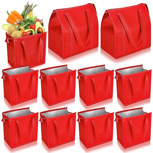 10 Pack Large Insulated Grocery Bags Reusable Shopping Bags with Zippered Top 13 x 12 x 7 Inch Thermal Cooler Totes Bulk with Handles for Hot Cold Food Delivery Refrigerator (Red) - color: Red