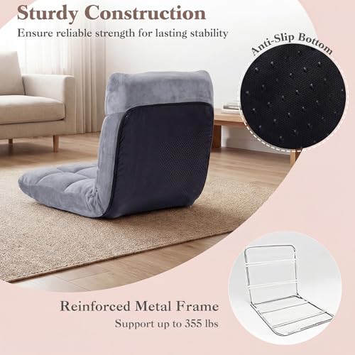 Giantex Folding Floor Chair with Back Support, 14 Adjustable Position, Padded Sleeper Bed, Couch Recliner, Gaming Video Chairs for Adults, Meditation, Living Room (Gray) - color: Grey, size: 26"x21"x21"