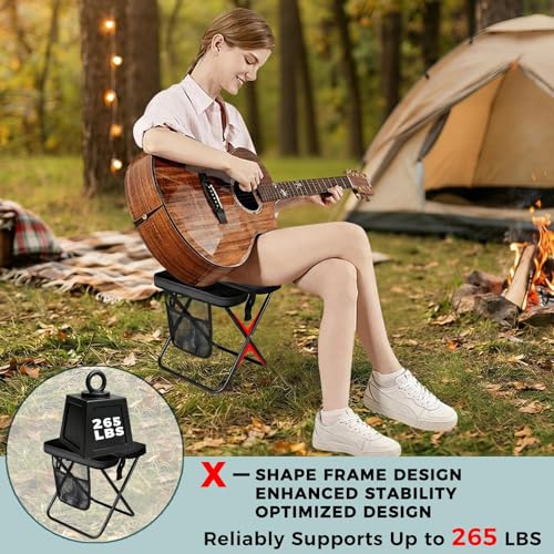 12" Portable Collapsible Stool - Folding Chair with Storage Pouch, Convertible Satchel for Hands-Free Carry & Supports 265Lbs, Ultralight for Hiking, Fishing, Camping, Festivals (Black, Standard) - color: Black, size: Standard