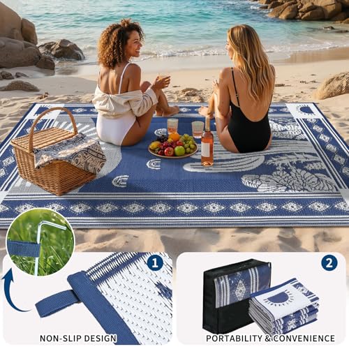 Garvee Waterproof Outdoor Rug 5x8, Cactus Botanical Outdoor Plastic Straw Rug for Camping, Reversible RV Mat Outside, Indoor Outdoor Carpet for Porch, Deck, Backyard, Balcony, Picnic, Navy & White - color: Navy & White-cactus, size: 5' x 8' (Rectangular)