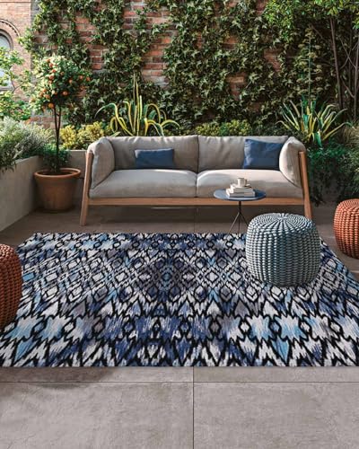 Large Outdoor Rug 6'x9' for Patio Indoor Outdoor Area Rug Boho Circle Line Texture Blue Rugs Outside Patio Rugs Camping Carpet Mat for Spring Picnic - color: Bohemianhoe2205, size: 6' x 9' (Rectangular)